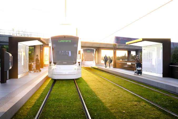 Tram Siemens Avenio che arriva ad una fermata del tram