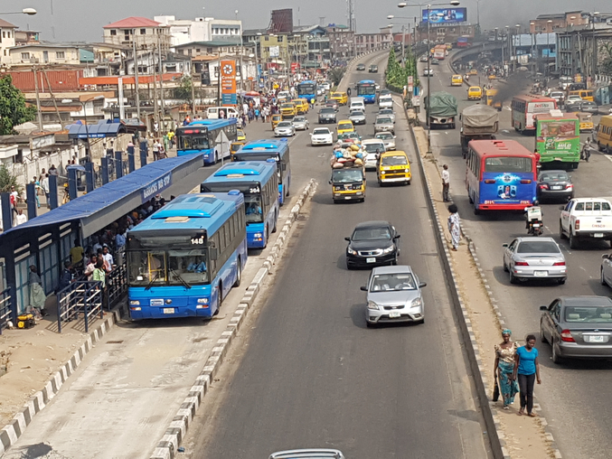 Two buses at a Bus Rapid Transit (BRT) bus stop in Lagos.